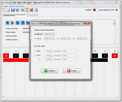 Schermata software per il controllo centralina dmx